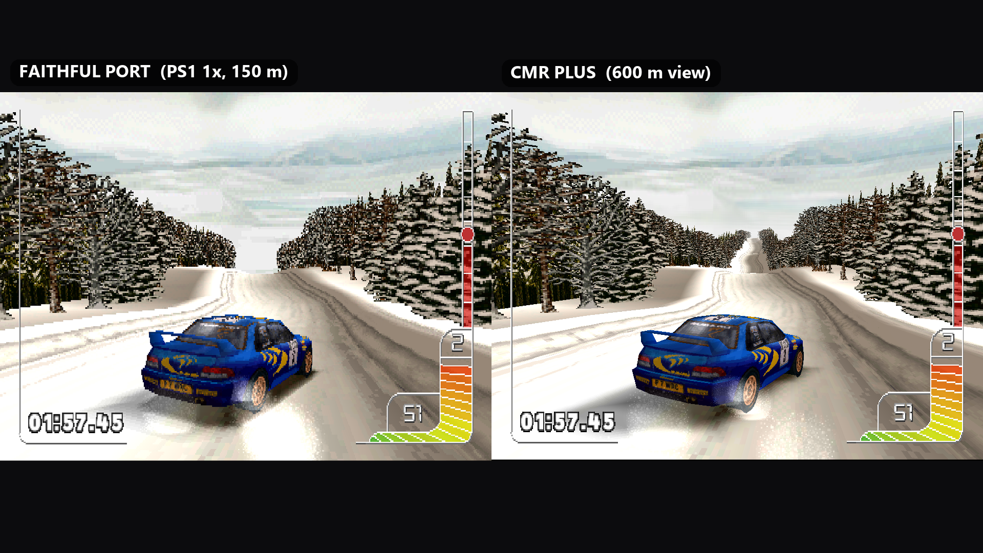 Colin McRae Rally Sweden stage comparison showing the faithful port at 150 metres beside Plus at 600 metres draw distance