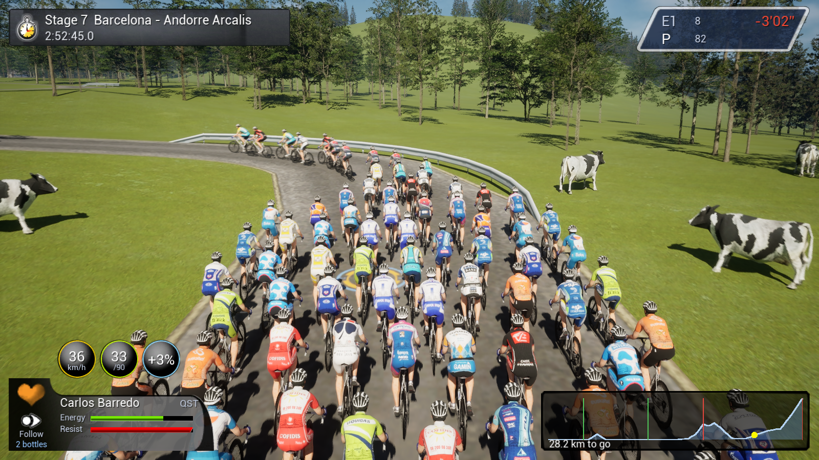 Tour de France Unreal development capture showing the peloton and race HUD on stage 7